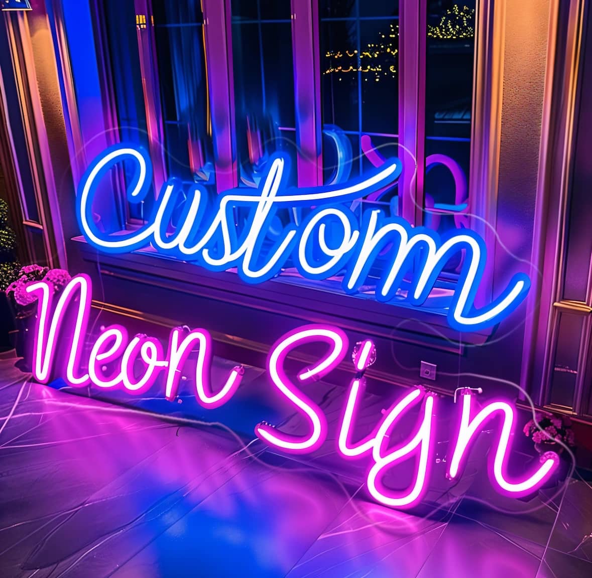 Personalisierbares Neon-LED-Schild mit der Aufschrift 'Custom Neon Sign' in leuchtendem Blau und Pink. Perfekte LED-Deko für Events, Geschäfte oder Wohnräume.